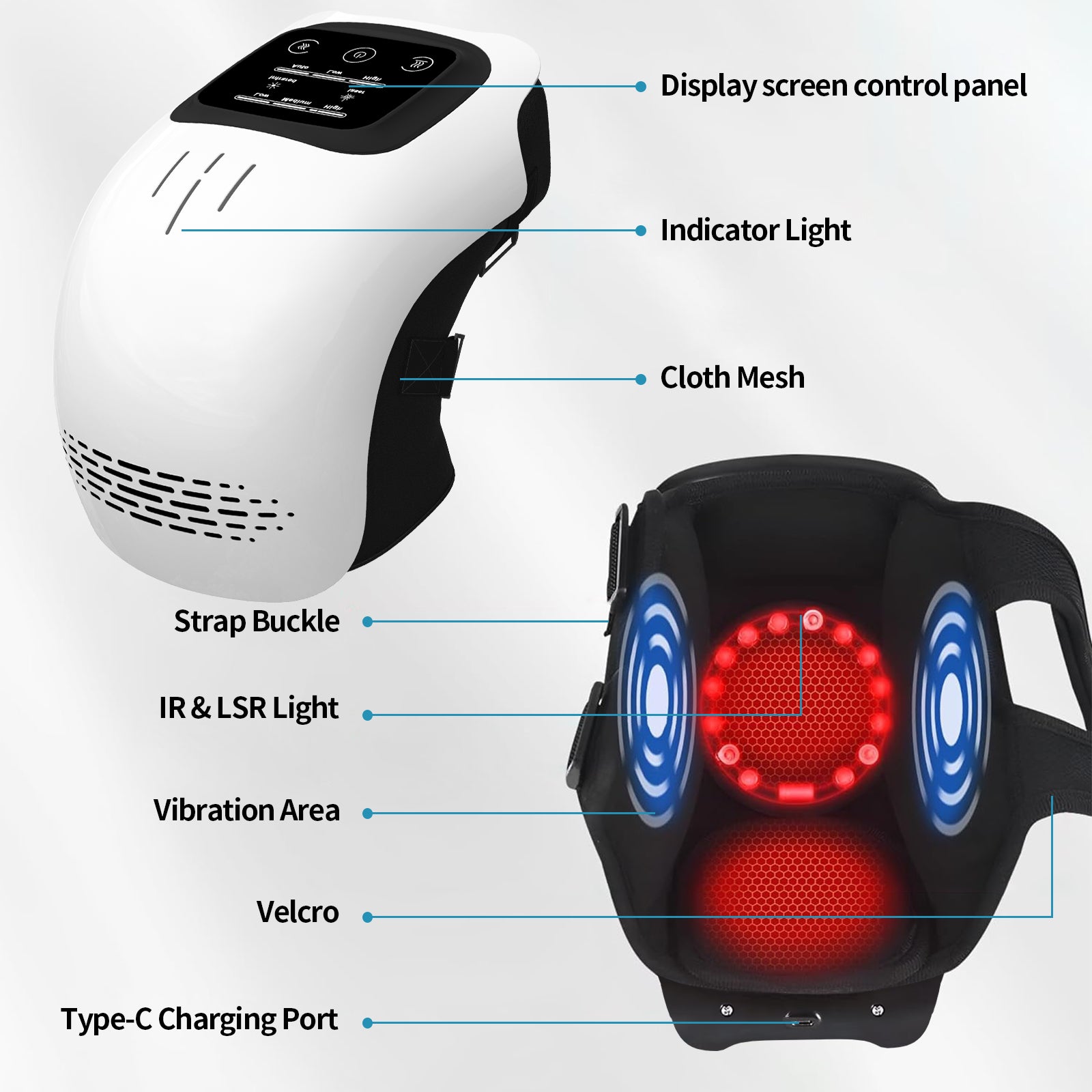 Intelligent Home Knee Massager features display control panel, indicator light, cloth mesh, and vibration area for targeted knee relief.