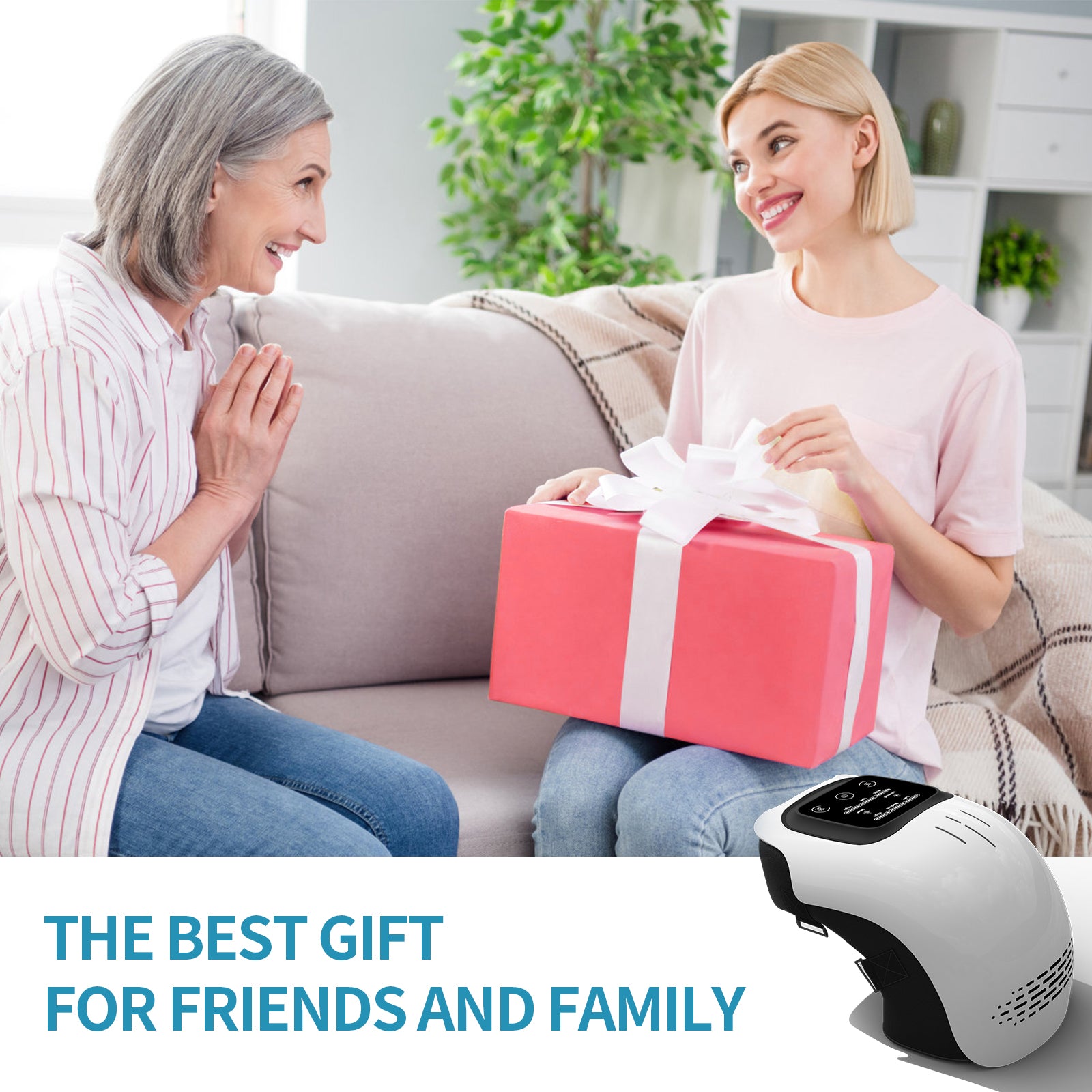Two women smiling with gift and Intelligent Home Knee Massager, showcasing it as the best gift for friends and family.