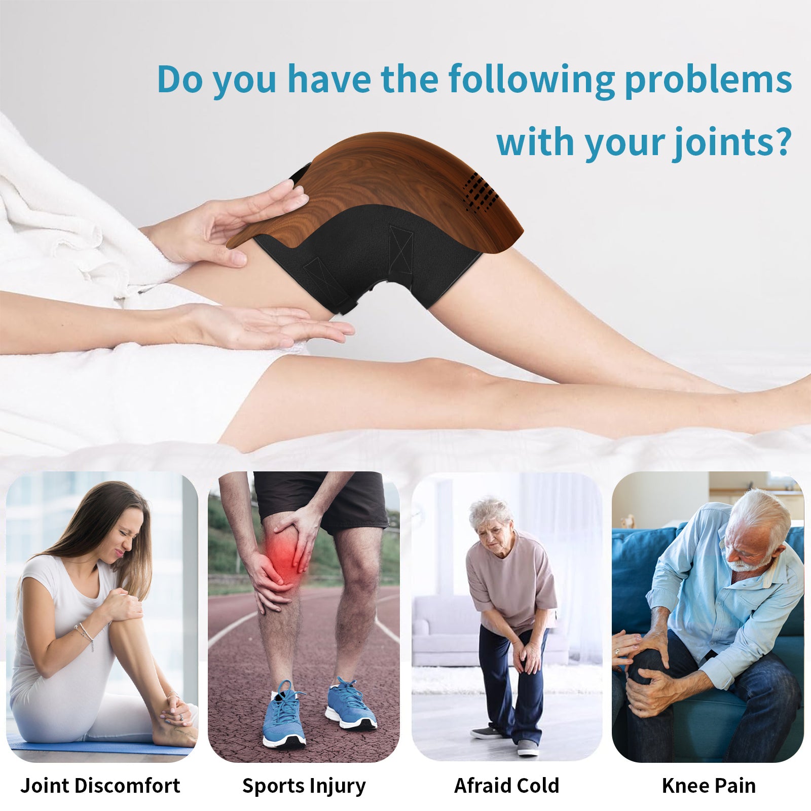 Person using Intelligent Home Knee Massager for joint discomfort, sports injury, knee pain, and other joint problems.
